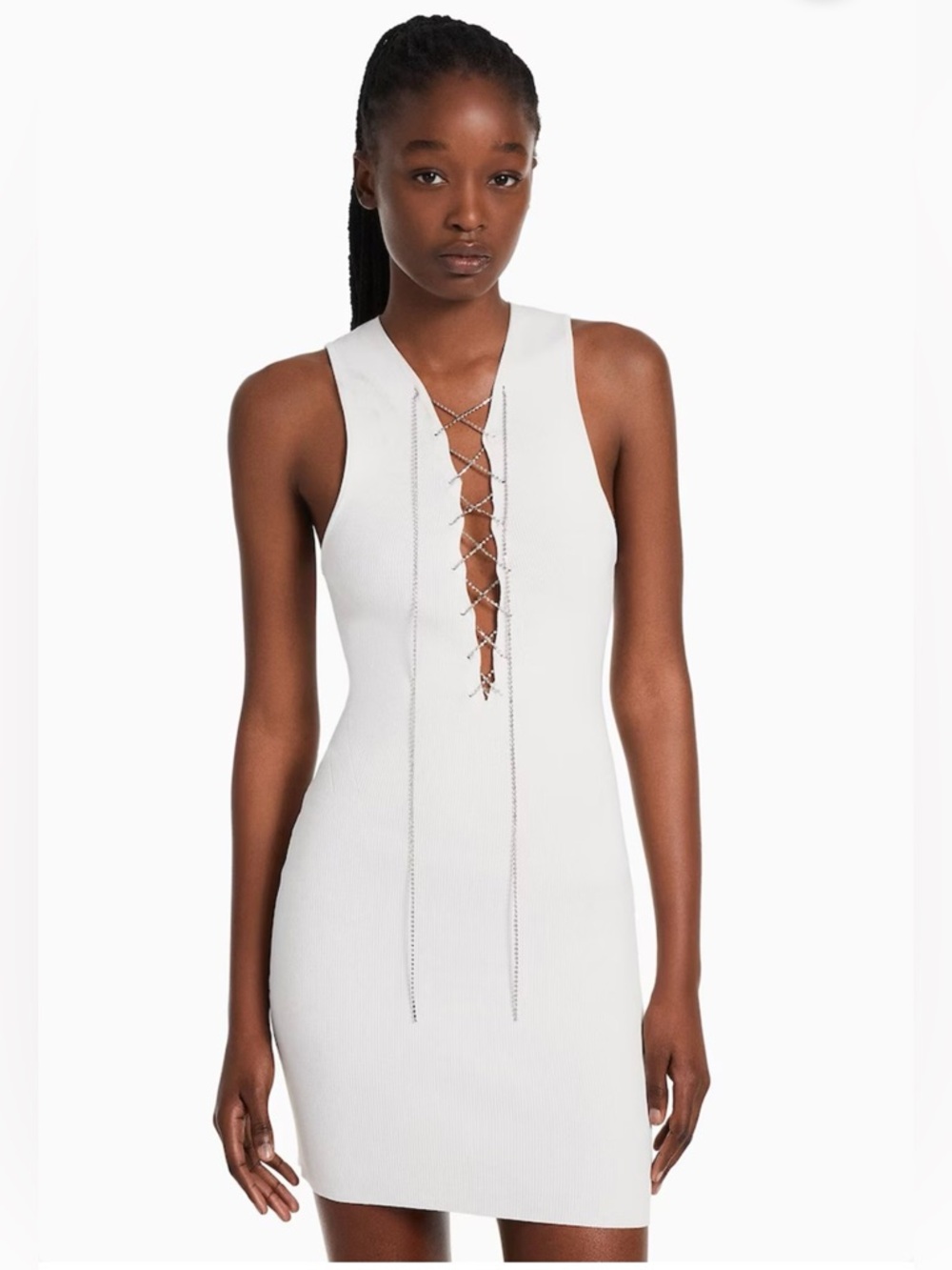 Bershka White Ribbed Lace-Up Dress